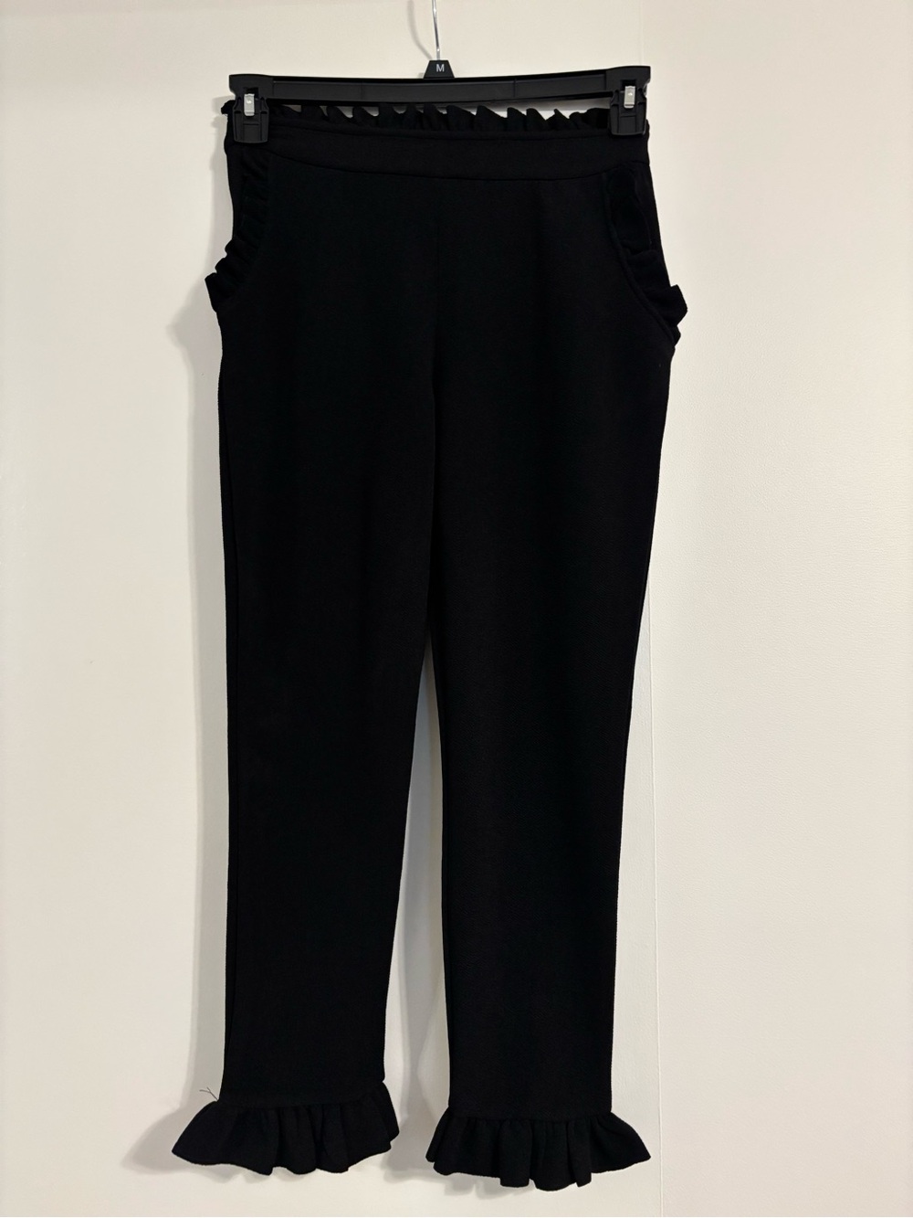 SHEIN Black Straight-Leg Ruffle-Hem Pull-On Pants